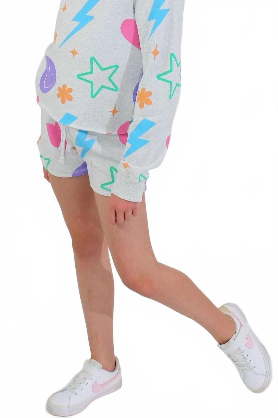 NEW PAPER FLOWER girl's all over icons shorts in gray